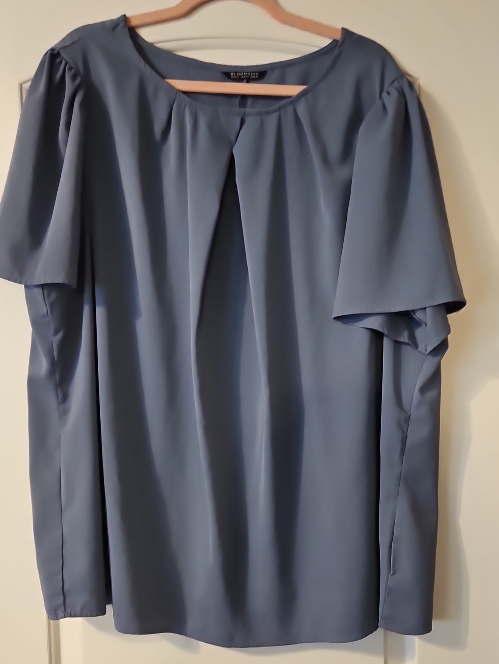 Slate Blue Pleated Flutter Sleeve Blouse